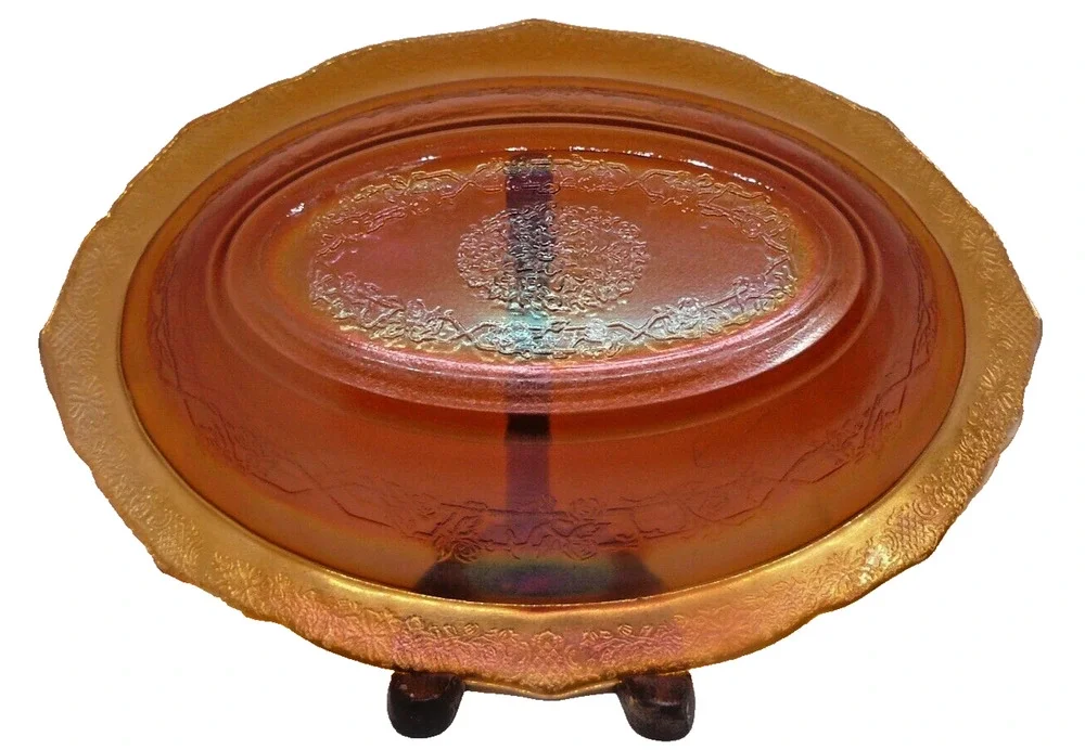 Vintage Federal Madrid Amber Marigold Carnival Glass 10.5” Oval Serving Bowl